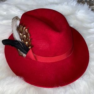 Vintage Red 100% Wool Hat with Feathers